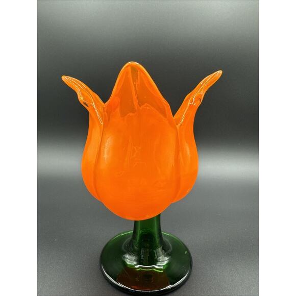 Blown Glass Tulip Flower Sculpture Candleholder Orange-Colored 7" Green Stem - Picture 1 of 8